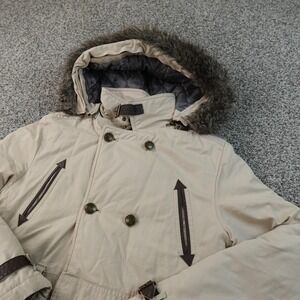 Burberry Jacket Womens XS Beige Tan Hooded Fur Trim Parka Coat Belted Winter